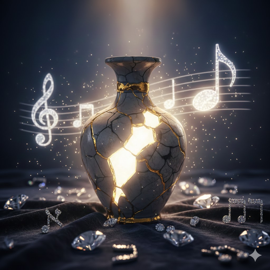 Un vaso di cristallo rotto dal quale esce una luce bianca che trabocca. Sullo sfondo, le note luminose, il suono dell anima che vince le sue avversità
